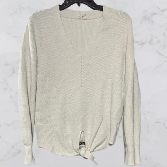 Anthropologie Moth Sweater Size M Ribbed Knit Ivory V Neck Tie Front Pullover - Picture 1 of 4